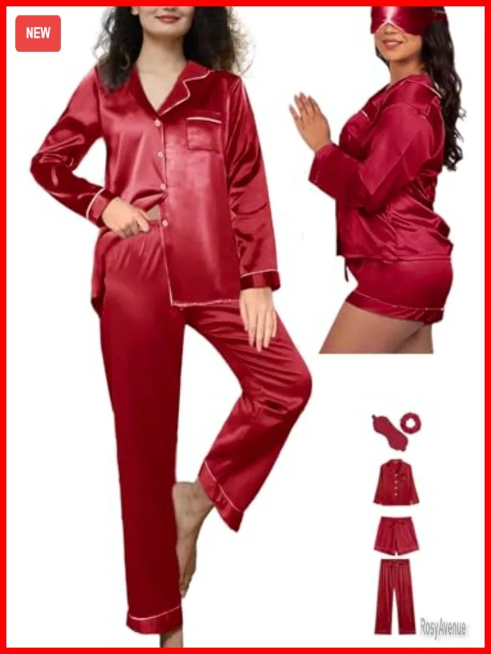 5 Piece Womens Silk Satin Pajama Set Button Down Pjs Set Loungewear Sleepwear